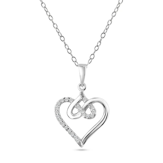 925 Sterling Silver Rhodium Plated Entagled Hearts CZ Pendant Necklace