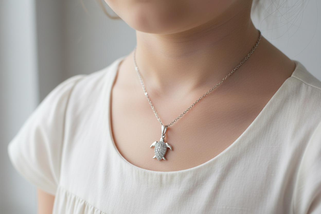 Sterling Silver Rhodium-Plated Turtle Clear CZ Pendant Necklace