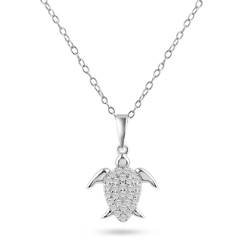 925 Sterling Silver Rhodium Plated Turtle Clear CZ Pendant Necklace