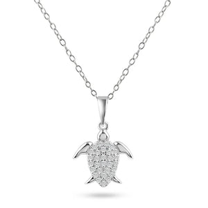 Sterling Silver Rhodium-Plated Turtle Clear CZ Pendant Necklace