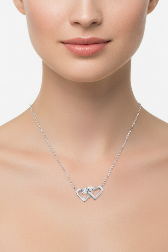 Sterling Silver Rhodium-Plated Sterling Silver Twin Hearts Clear CZ Pendant Necklace