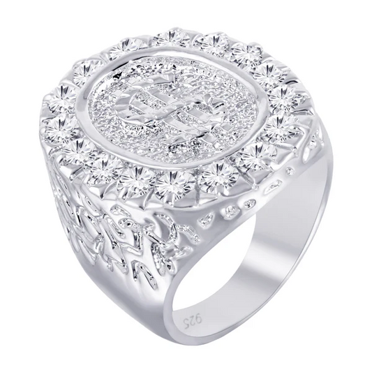 Rhodium Plated 925 Sterling Silver Large Dollar Sign Ring with CZ