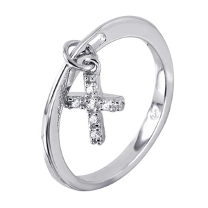 Silver Rhodium-Plated Ring with one Dangling Cross