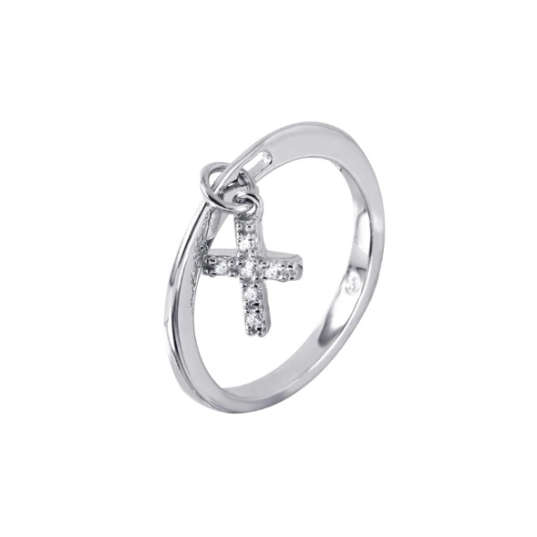 925 Sterling Silver Rhodium-Plated Charm Cross Ring