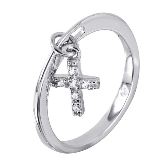 Silver Rhodium Plated  Ring with one Dangling Cross