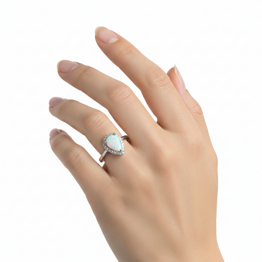 Silver 925 Rhodium-Plated Teardrop Synthetic Opal CZ Ring
