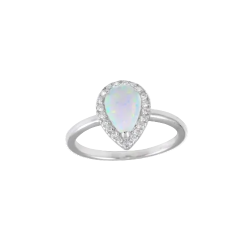 Silver 925 Rhodium-Plated Teardrop Synthetic Opal CZ Ring