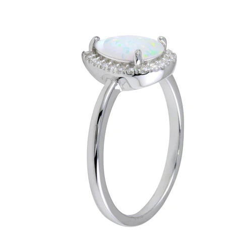 Silver 925 Rhodium Plated Teardrop Synthetic Opal CZ Ring