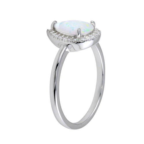 Silver 925 Rhodium-Plated Teardrop Synthetic Opal CZ Ring