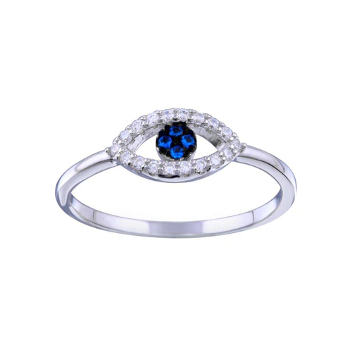Silver 925 Rhodium Plated Blue and Clear CZ Evil Eye Ring