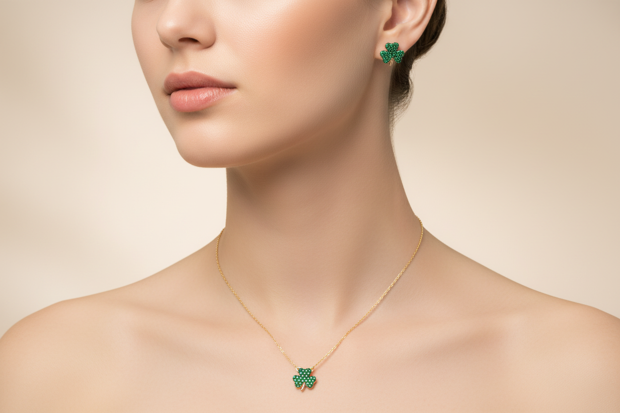 Sterling Silver Gold Plated Mini Green Clover Set with CZ Earrings and Necklace