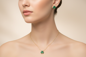 Sterling Silver Gold Plated Mini Green Clover Set with CZ Earrings and Necklace