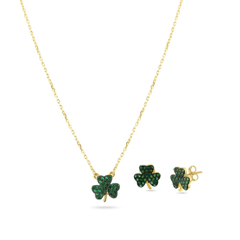 Sterling Silver Gold Plated Mini Green Clover Set with CZ Earrings and Necklace