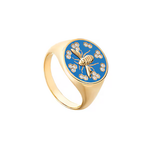 18k Yellow Gold Birks Bee Chic Blue Enamel And Diamond Round Signet Ring - Resale