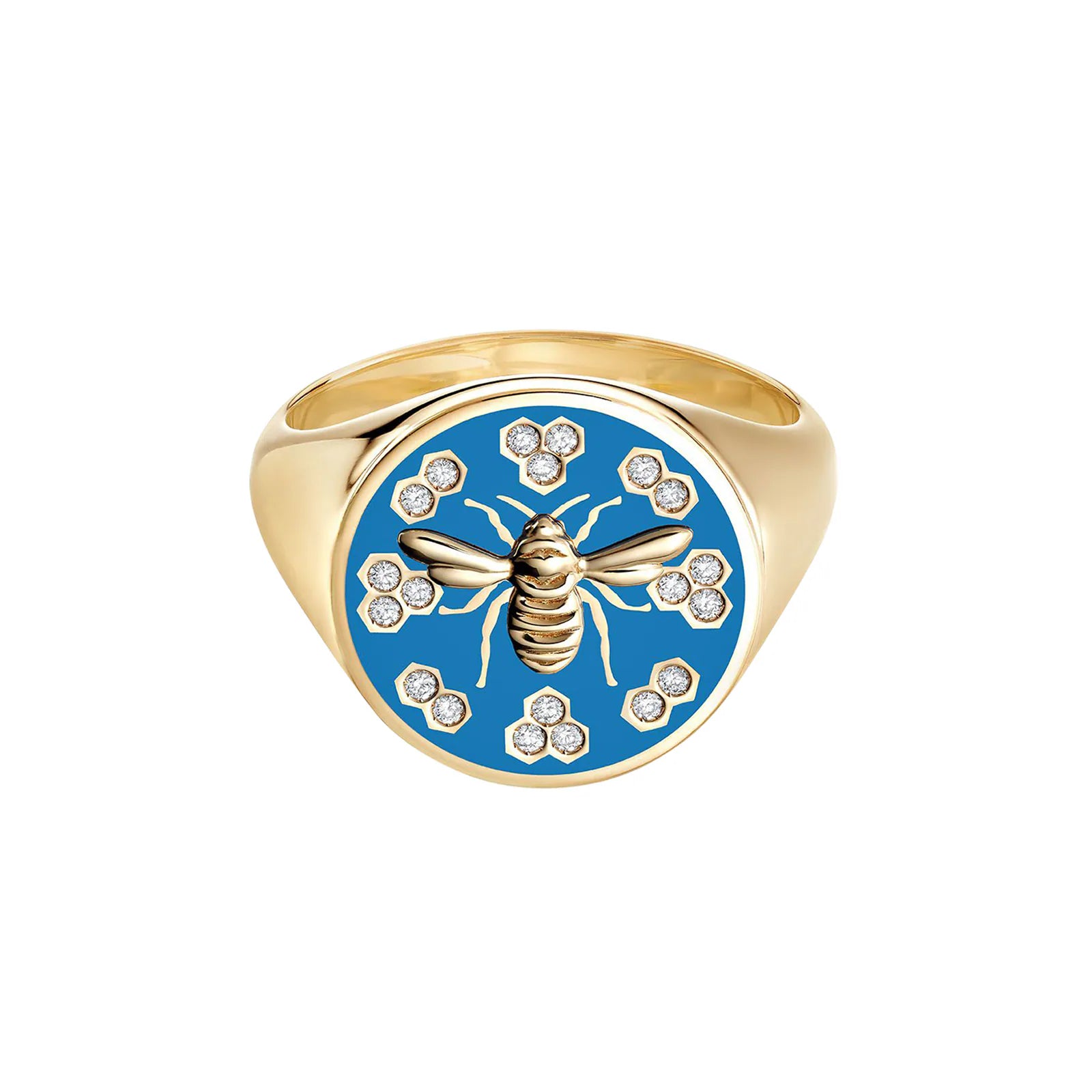 18k Yellow Gold Birks Bee Chic Blue Enamel And Diamond Round Signet Ring - Resale