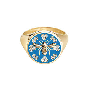 18k Yellow Gold Birks Bee Chic Blue Enamel And Diamond Round Signet Ring - Resale