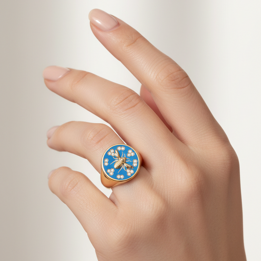 18k Yellow Gold Birks Bee Chic Blue Enamel And Diamond Round Signet Ring - Resale