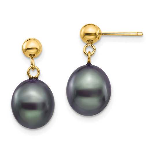 Yellow Gold Drop Earrings with Olive Black Pearls,  12 mm. 18k