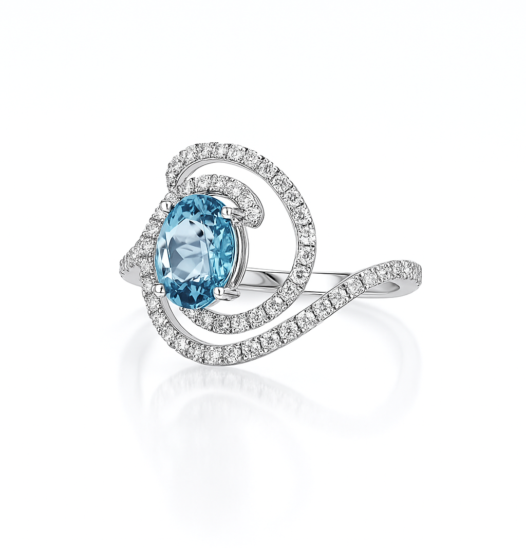 White Gold Natural Blue Zircon and Diamond Ring. 14k, Z: 1.6ct, TDW: 1.44ct, VS, GH