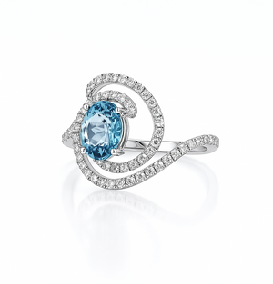 14K Ocean Aura Diamond Halo Ring with Blue Zirconia
