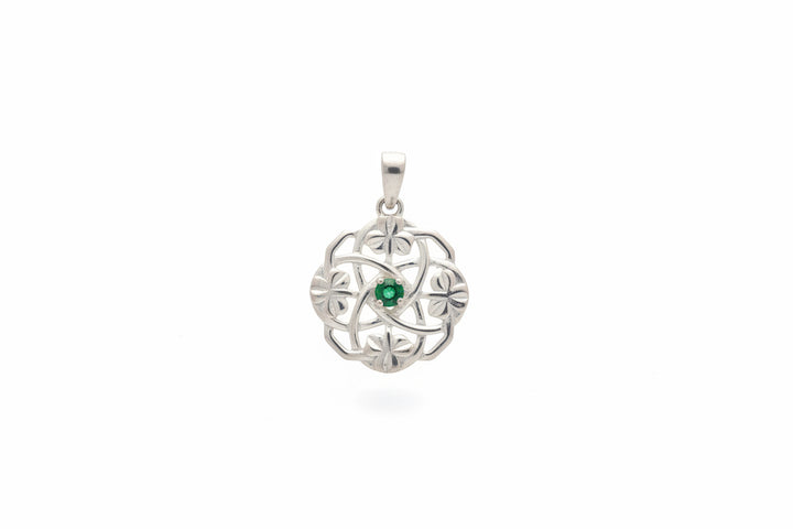 Sterling Silver Flower Shape with Green Jade In the Middle Pendant