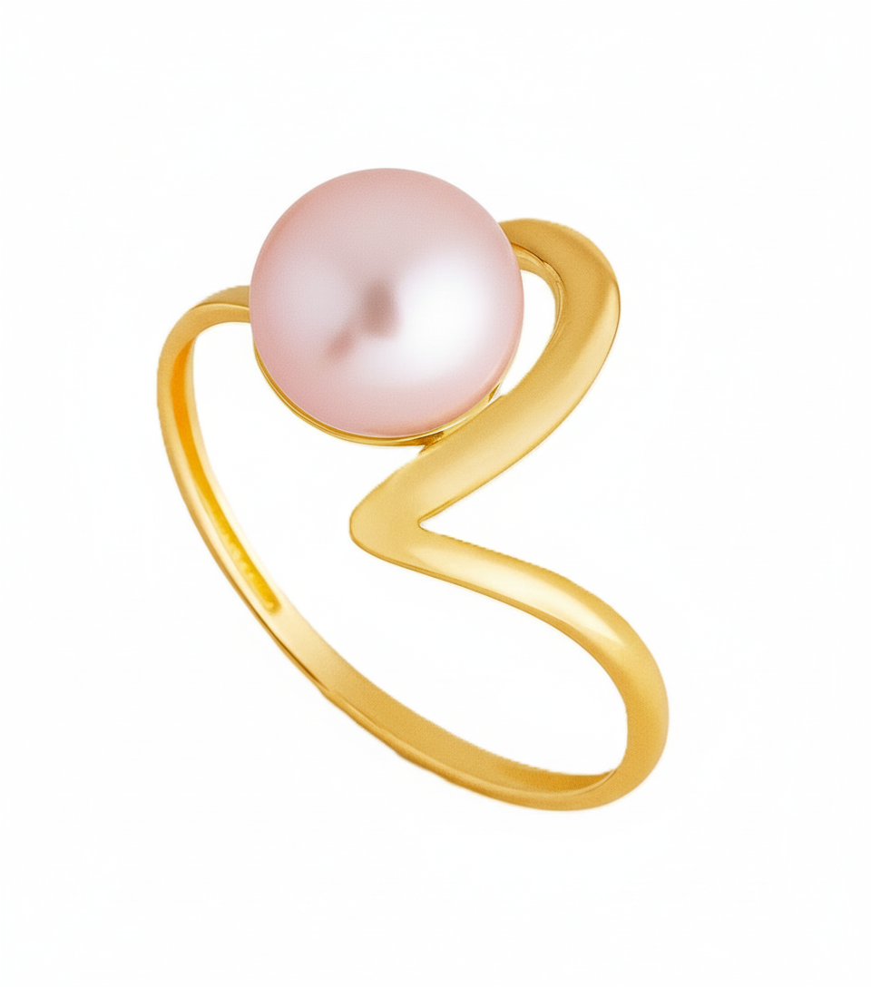 Yellow Gold wave style Ring with One Freshwater Pearl, 18k