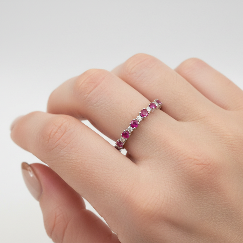 925 Sterling Silver Ruby and Diamond Half-Eternity Ring