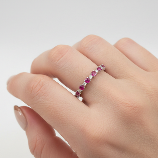 925 Sterling Silver Ruby and Diamond Half-Eternity Ring