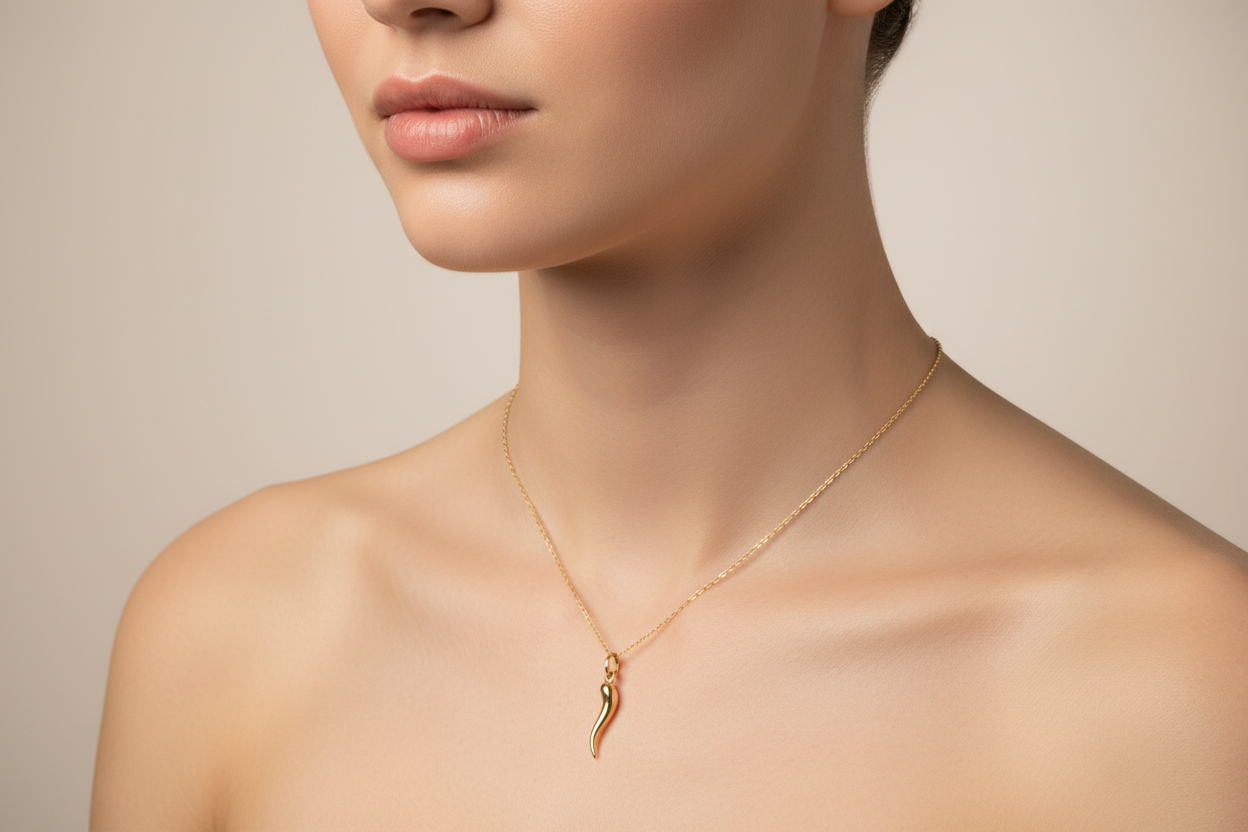 Yellow Gold Italian Horn Pendant Necklace 10k