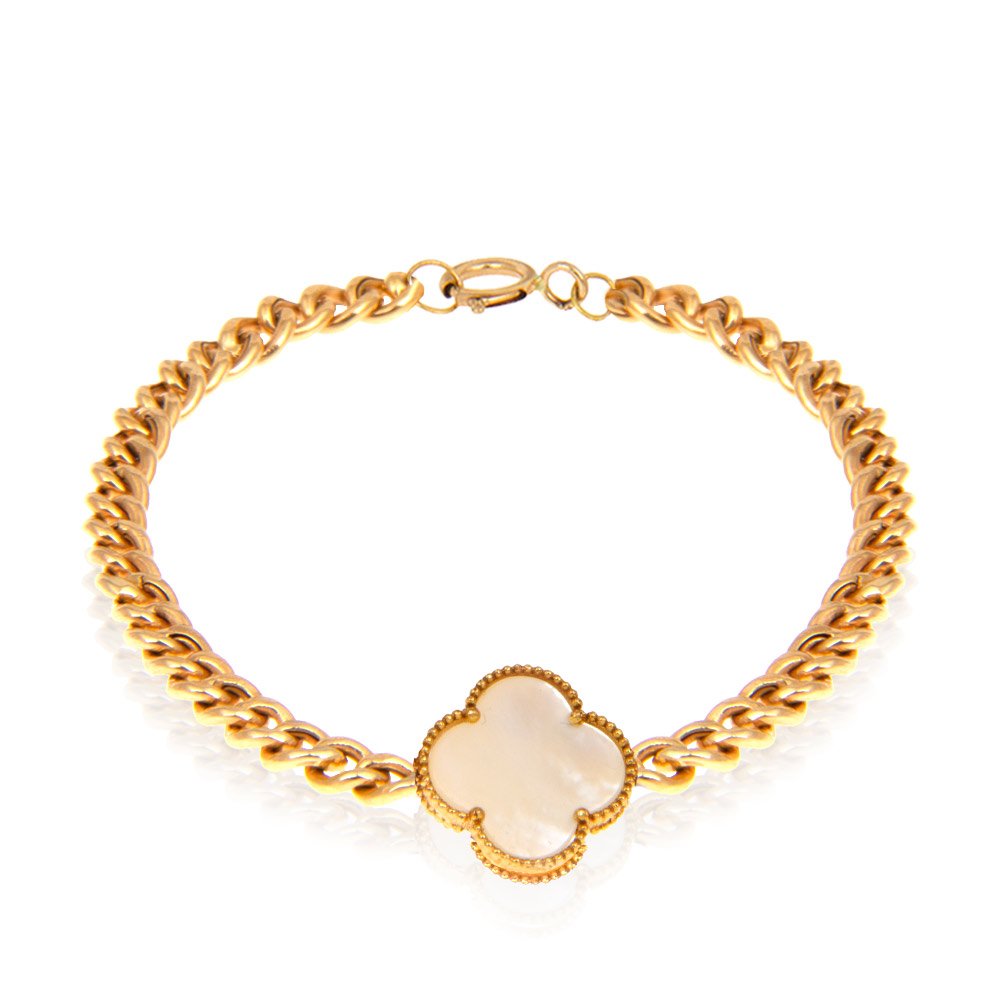 Yellow Gold curb link Bracelet with one Clover setting with mother of Pearl Length: 7 to 7 3/4 Inches18k 4.15 gr