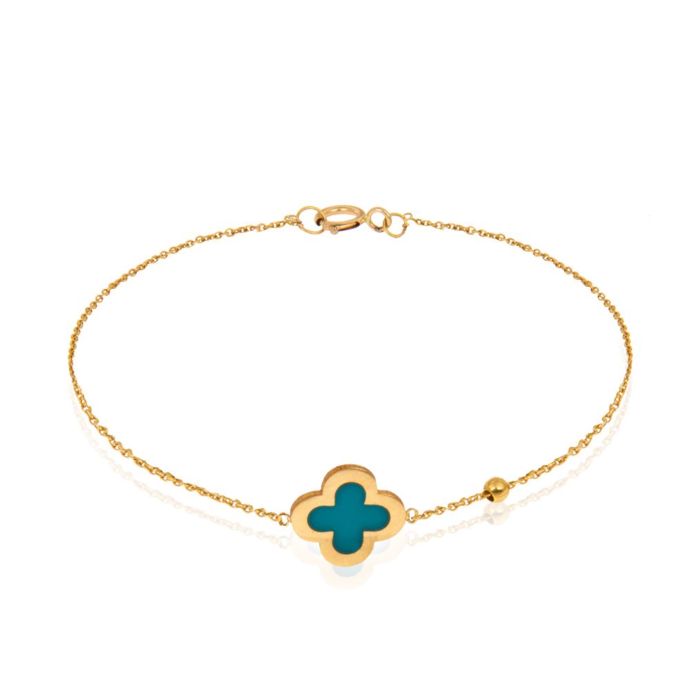 Yellow Gold bracelet chain with one Clover in Blue Enamel 18k 1.48gr Length: 7 to 8 Inches adjustable