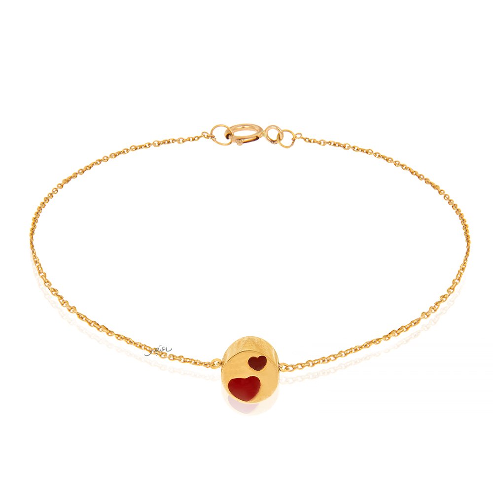 Yellow gold bracelet with one circle design with two red heart