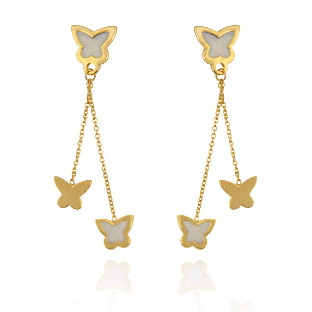 Yellow Gold Dangling earring with two long chains and Butterfly setting with Enamel 18k 2.21gr