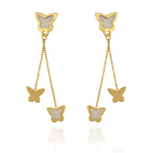 Yellow Gold Dangling earring with two long chains and Butterfly setting with Enamel 18k 2.21gr