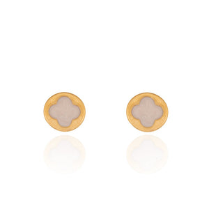 Yellow Gold Stud round Earring with a Flower in white Enamel in Center, 18k, 1.6gr
