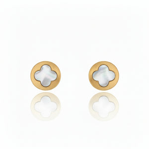 Yellow Gold Stud round Earring with a Flower in white Enamel in Center, 18k, 1.6gr