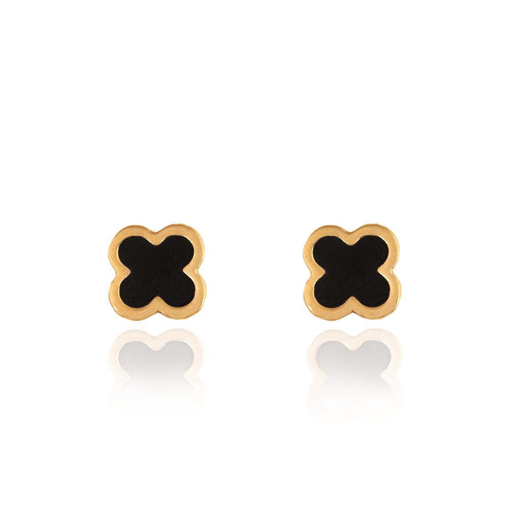 Yellow Gold Stud Earring clover with black Enamel 18k 1.28gr