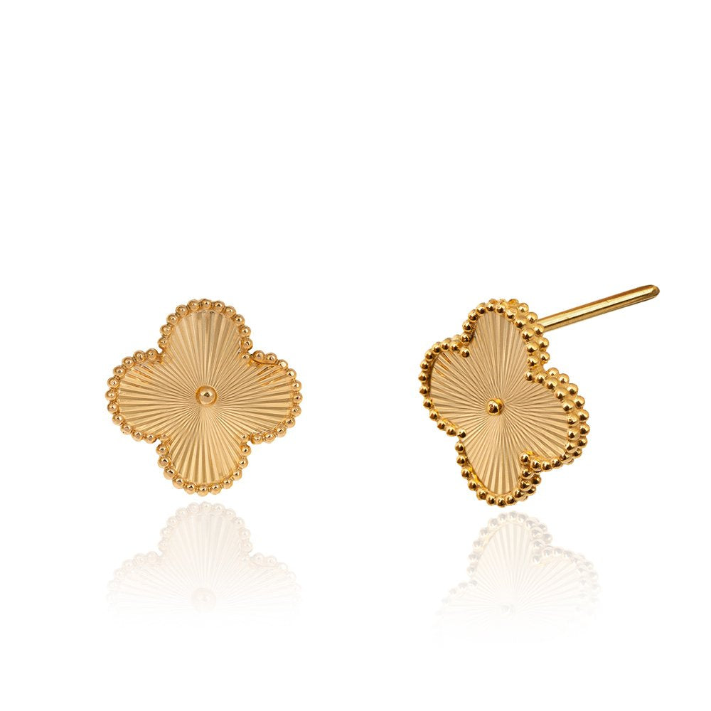 Yellow Gold Stud Earring with one Clover and diamond cut 18k 2.56gr