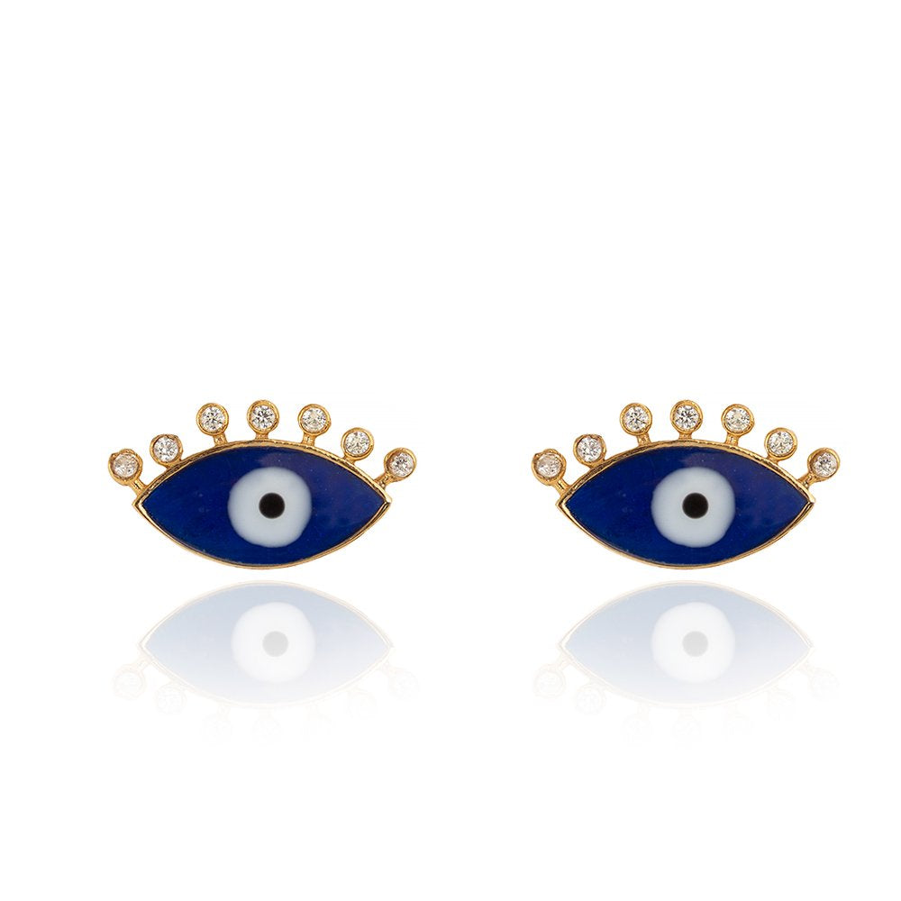 Yellow Gold Evil Eye Earrings with Blue Enamel 18k 1.7gr