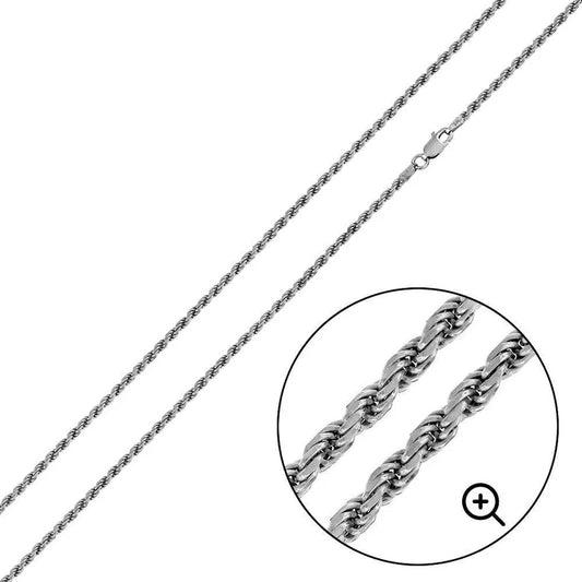 Rhodium Plated 925 Sterling Silver Rope 050 Chain 2.5mm