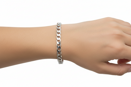 Miami Silver Curb Figaro Rhodium Plated Bracelet, 8 1/2 Inches, 5mm