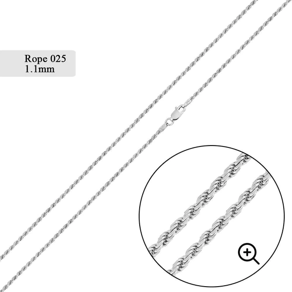 Rhodium Plated Silver Rope Chain, 1.1mm,  24 Inches