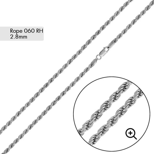 Rhodium Plated Sterling Silver Rope Chain, 2.8mm, 925