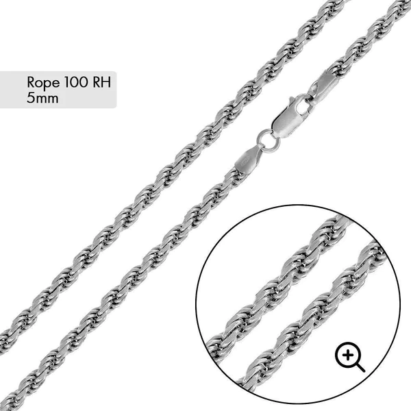 Rhodium Plated Rope Chain, 5mm, 22 Inches