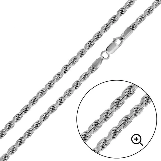 Silver Rhodium Plated Rope Chain, 3.7mm,  22 Inches