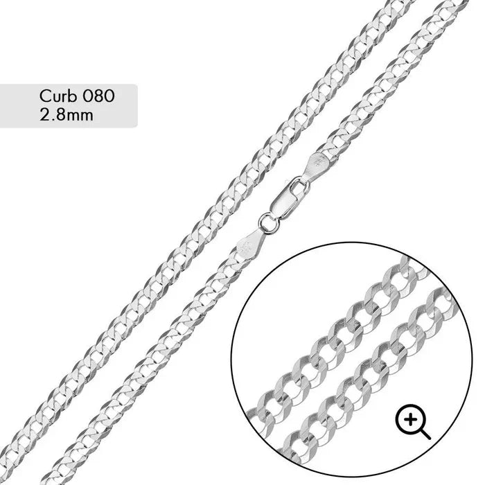 Rhodium Plated Sterling Silver, Flat Curb Bracelet, 2.8mm, 925