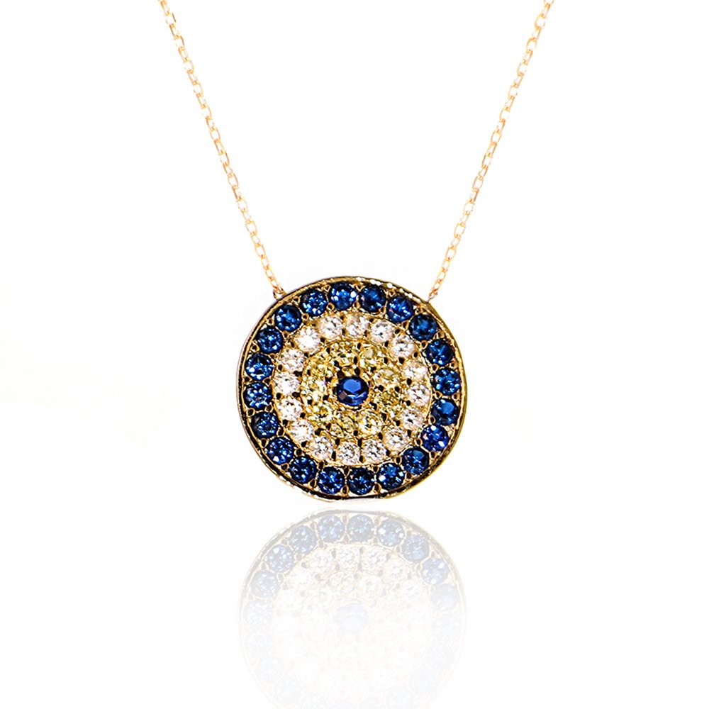 Yellow Gold Blue and White CZ Evil Eye Necklace 17- 18 Inches adjustable 18k 2.4gr