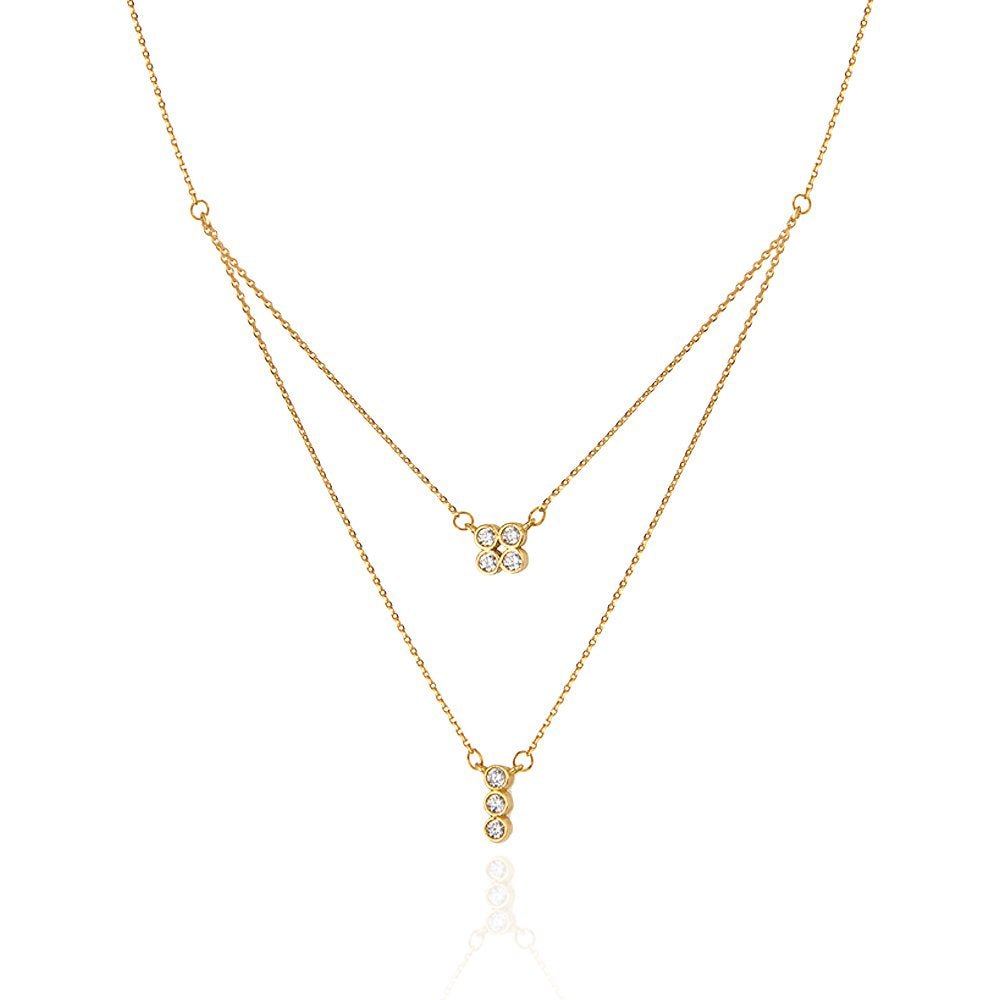 Two Layer Yellow Gold Necklace setting with Cubic Zirconia 18k 16 to 18Inches Adjustable 3.7gr