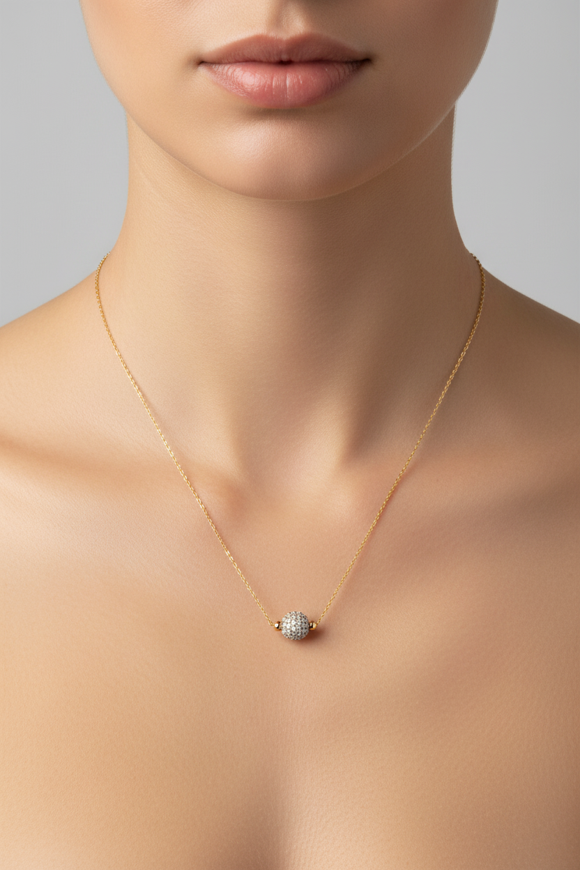 Yellow Gold Necklace with a ball and Cubic Zirconia on setting 18k 4.01gr
