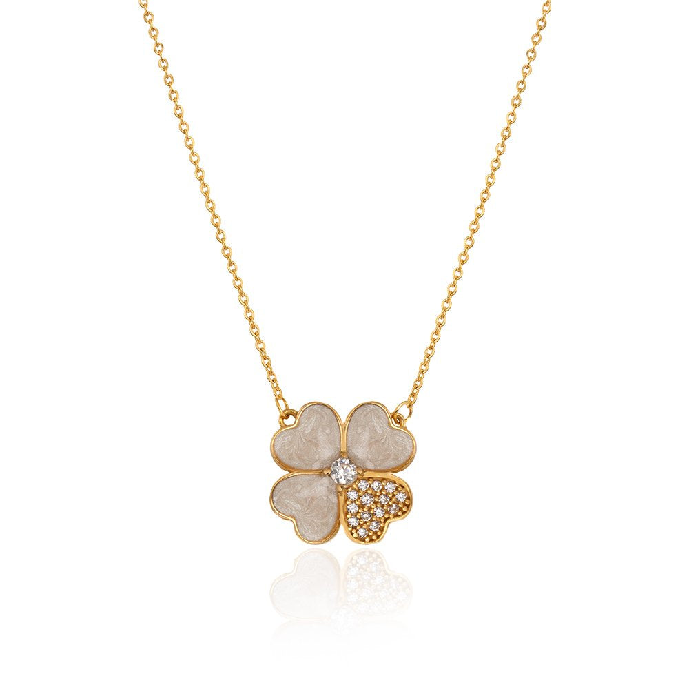Yellow gold necklace with one flower in white enamel and Cubic Zirconia 18k 4.83gr